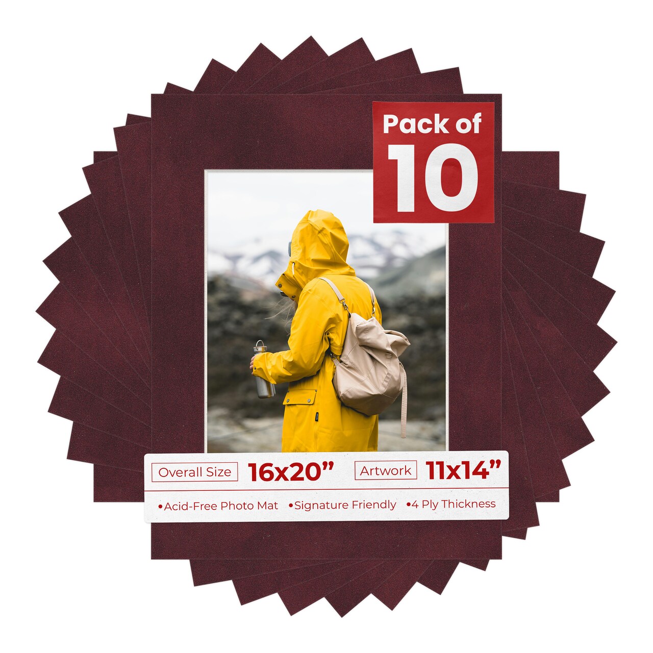 Dark Red Suede Mat Board for 16x20 Frames - Fits 11x14 Photos